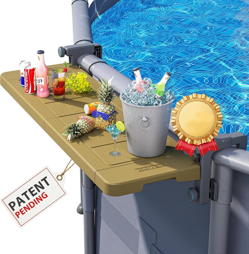 POOLHACKER Poolside Bar, [Original] Swim Up Bar Exclusively for Above-Ground Round Pools. Patio Poolside Table Smart Fold Easy Maintenance, Weather Resistant Stable Tabletop (Amber Brown) - Image 1